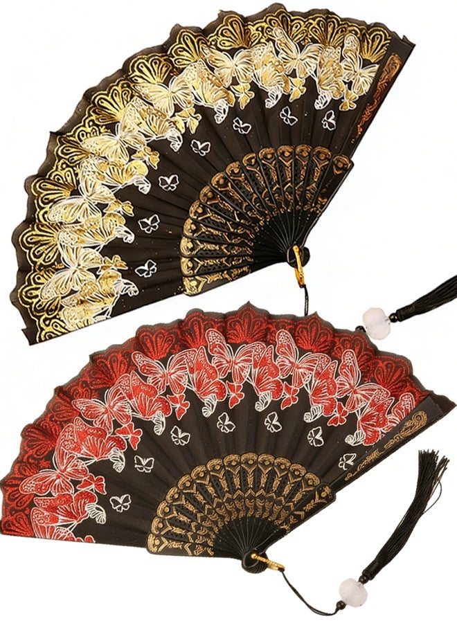 هابي دي مجموعة مروحتين إسبانيتين، مراوح يدوية قابلة للطي، مناسبة لأزياء رقص العشرينيات، هدايا فلامنكو إسبانية، دعائم تصوير، حفلات، زخارف (أحمر، ذهبي) - Image 1